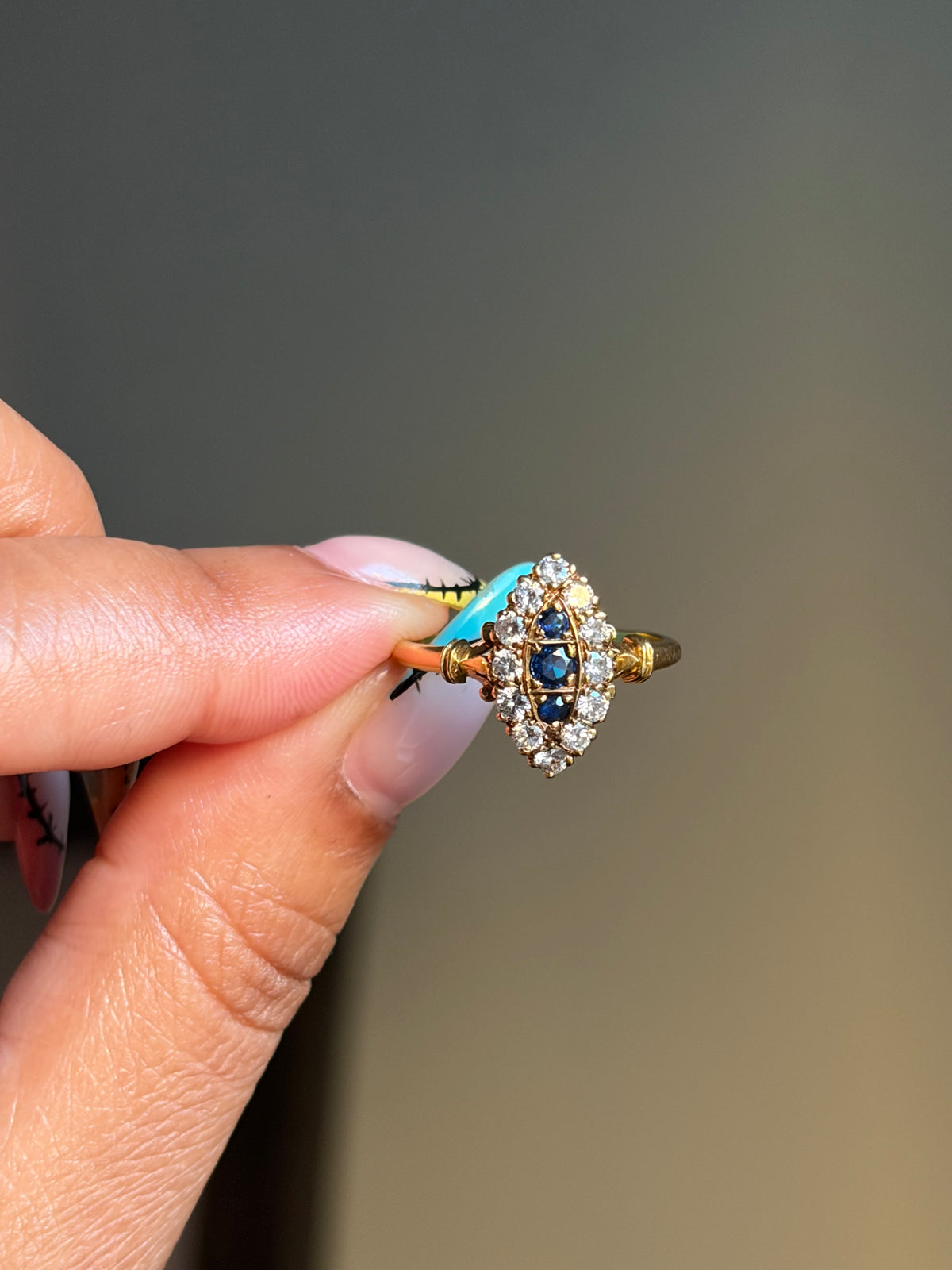 18k Victorian Revival Sapphire & Diamond Navette